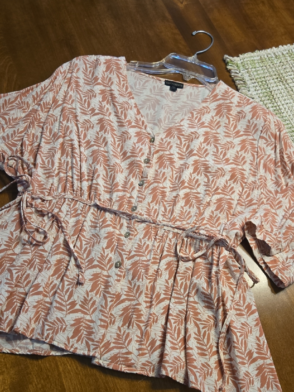 Light Pink Leaf-Print Button Front Women’s Top